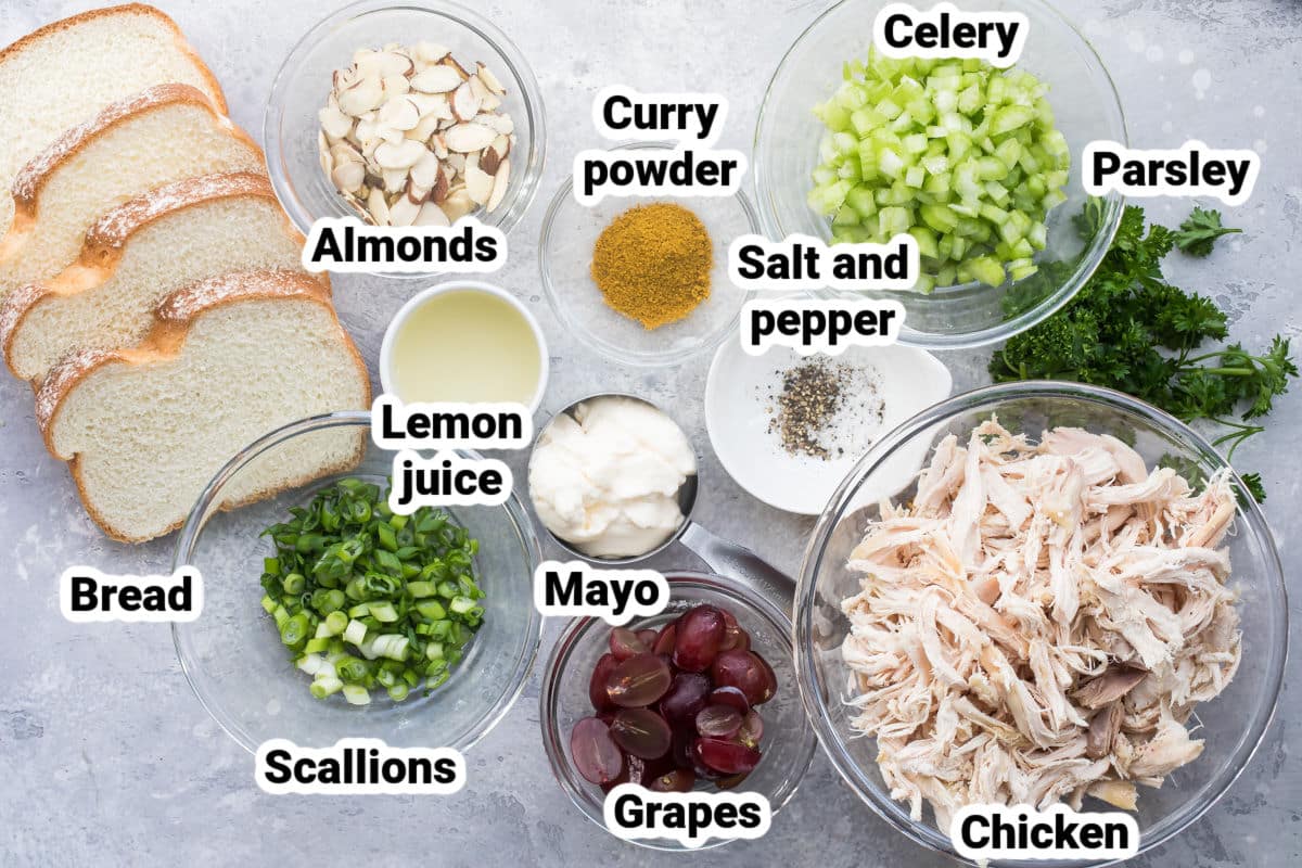 Labeled ingredients for curried chicken salad.