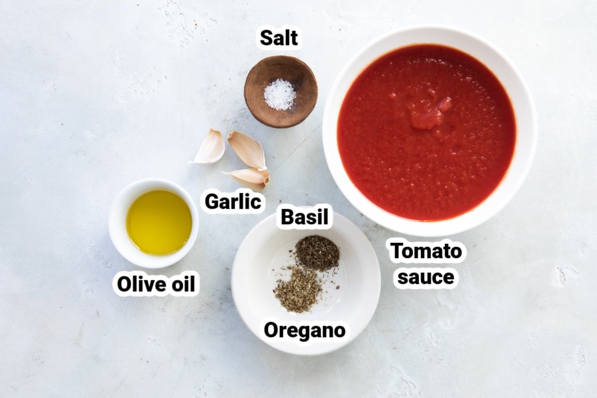 Labeled ingredients for marinara dipping sauce.