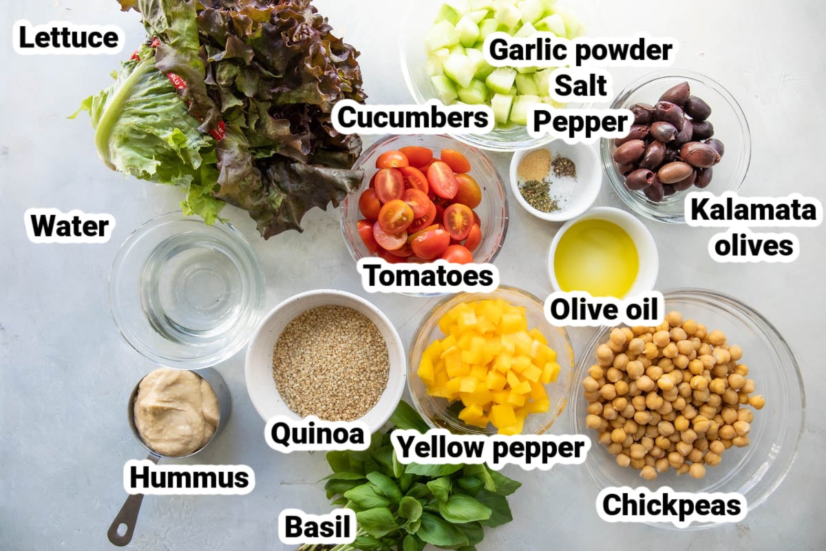 Labeled ingredients for a Mediterranean Buddha bowl.