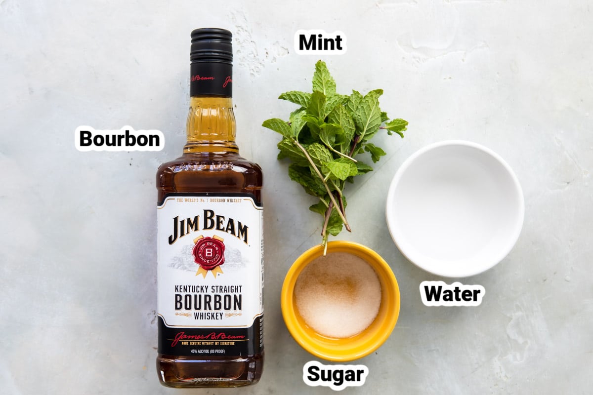 Labeled ingredients for a mint julep.