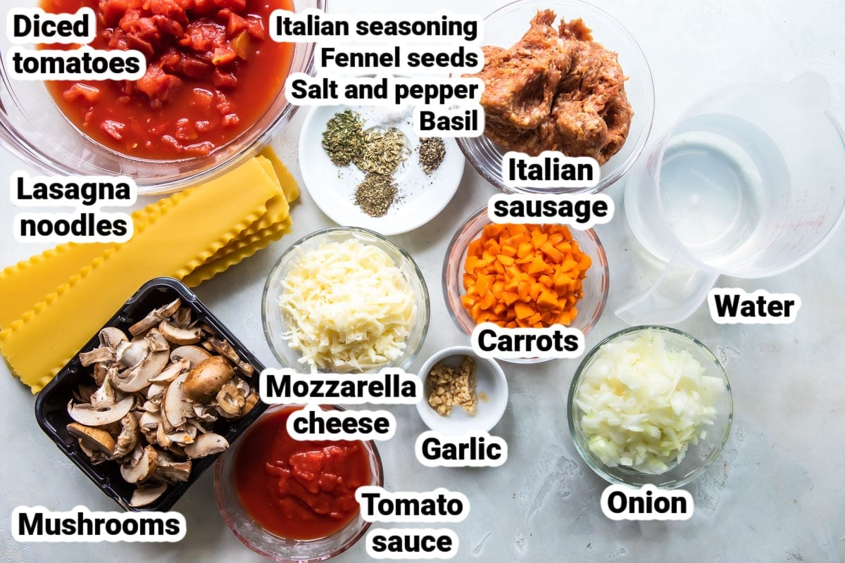 Labeled ingredients for slow cooker lasagna soup.