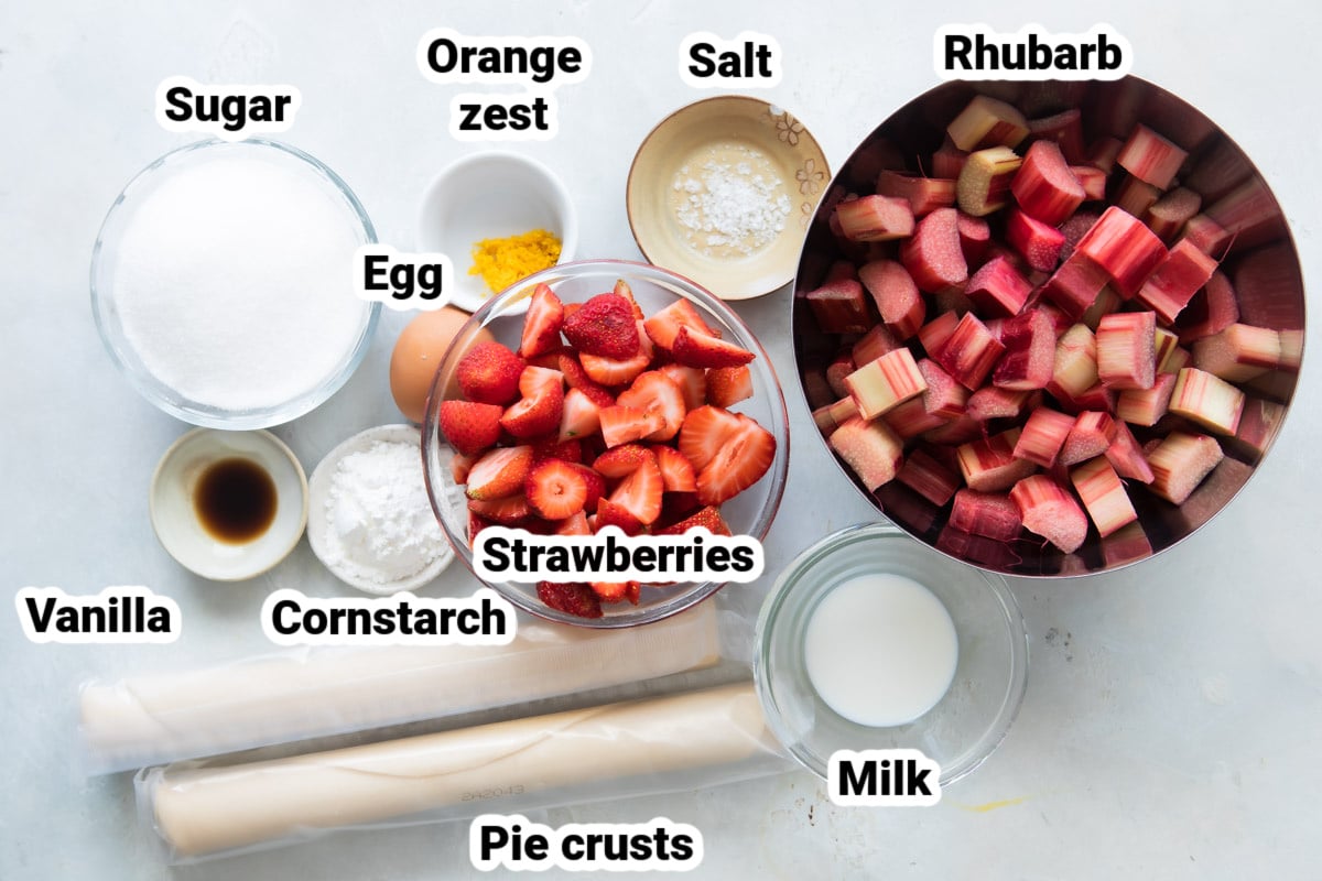 Labeled ingredients for strawberry rhubarb pie.