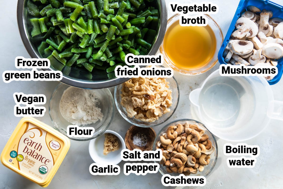 Labeled ingredients for vegan green bean casserole.