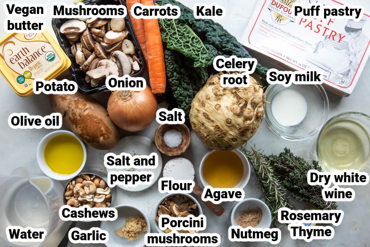 Labeled ingredients for vegetable pot pie.