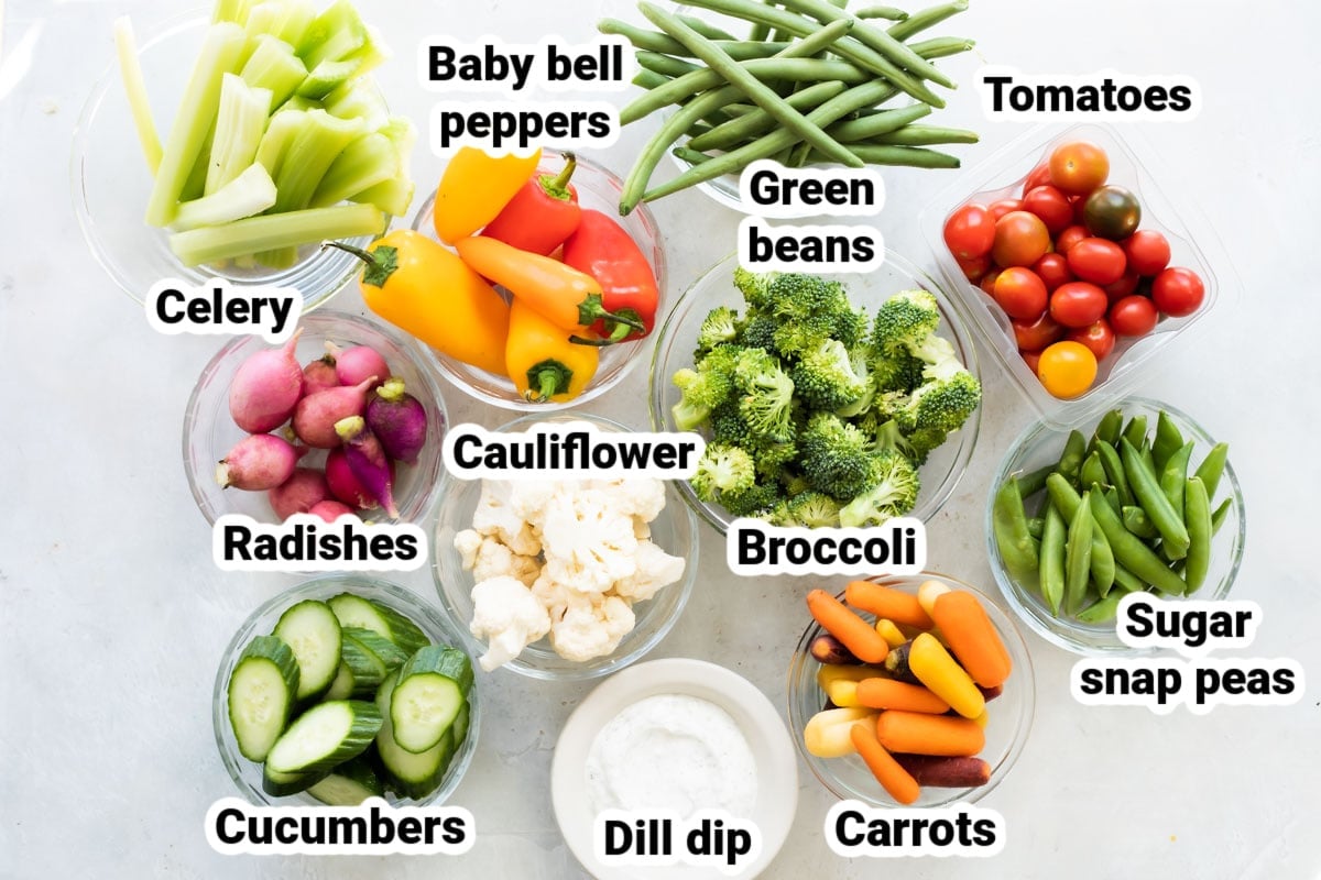 Labeled ingredients for a veggie platter.