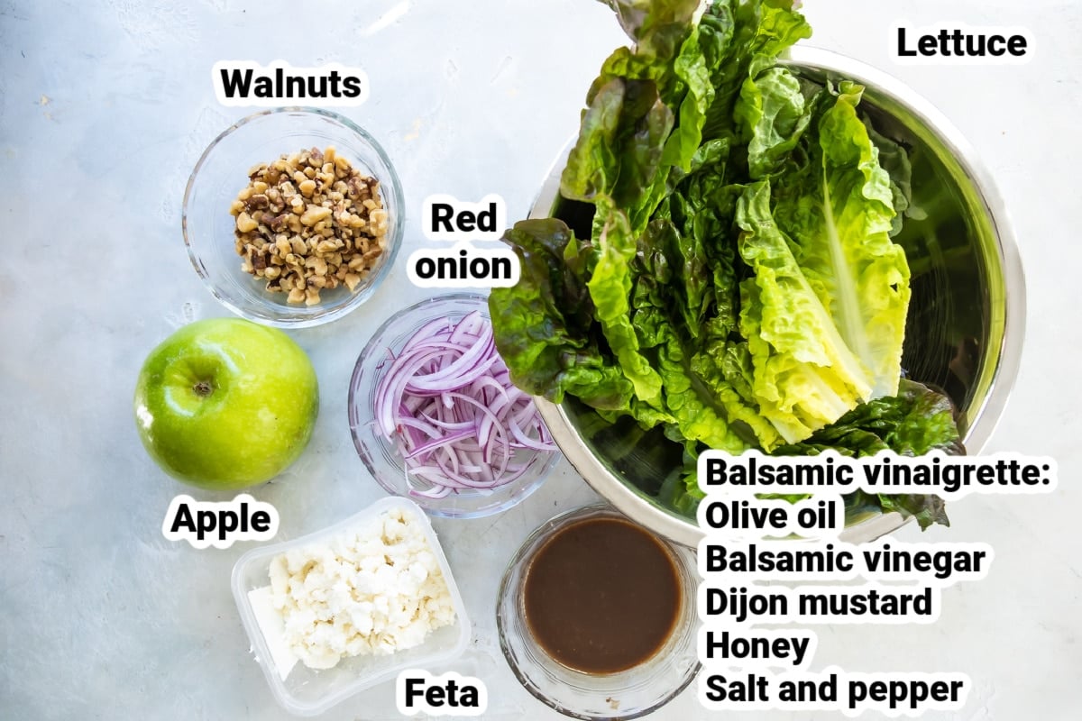 Labeled ingredients for apple walnut salad.
