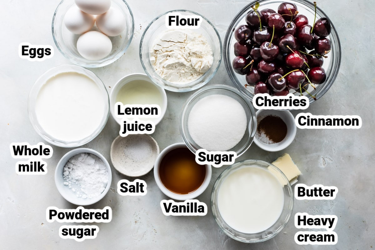 Labeled ingredients for Cherry Clafoutis.