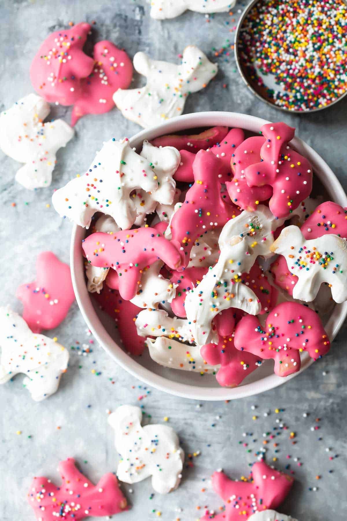 A bowl with homemade circus animal cookies in it.