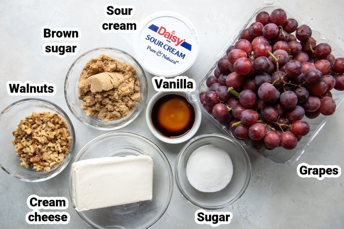 Labeled ingredients for easy grape salad.