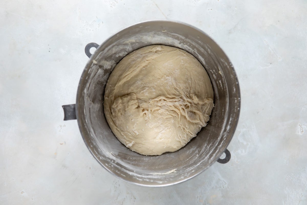 Bread dough in a mixing bowl.