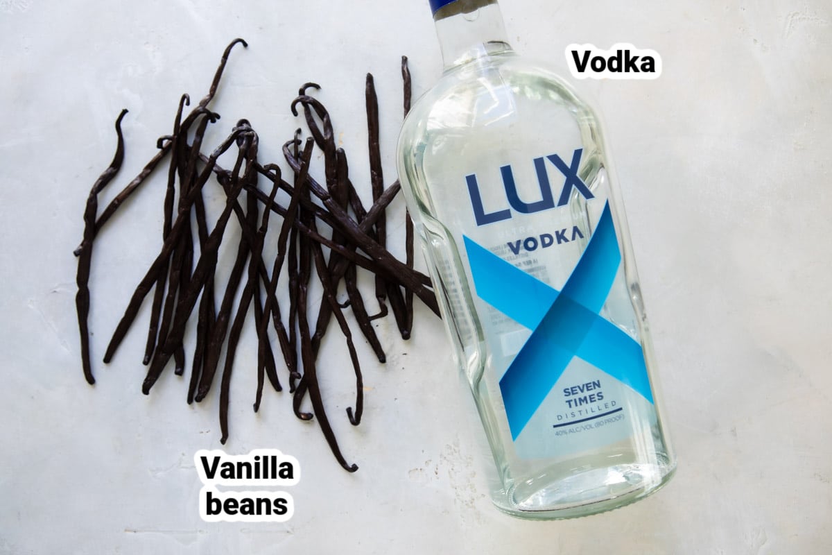 Labeled ingredients for making vanilla extract.