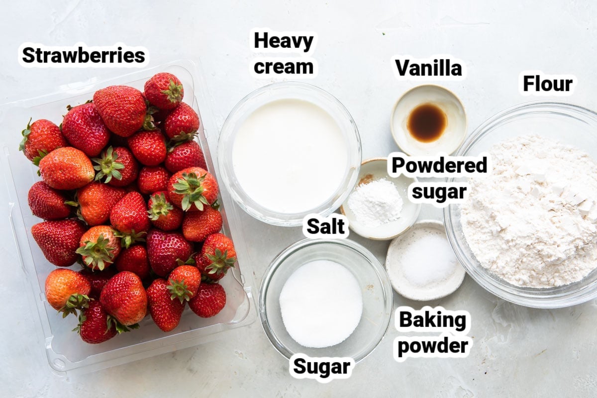 Labeled ingredients for Strawberry Shortcake.