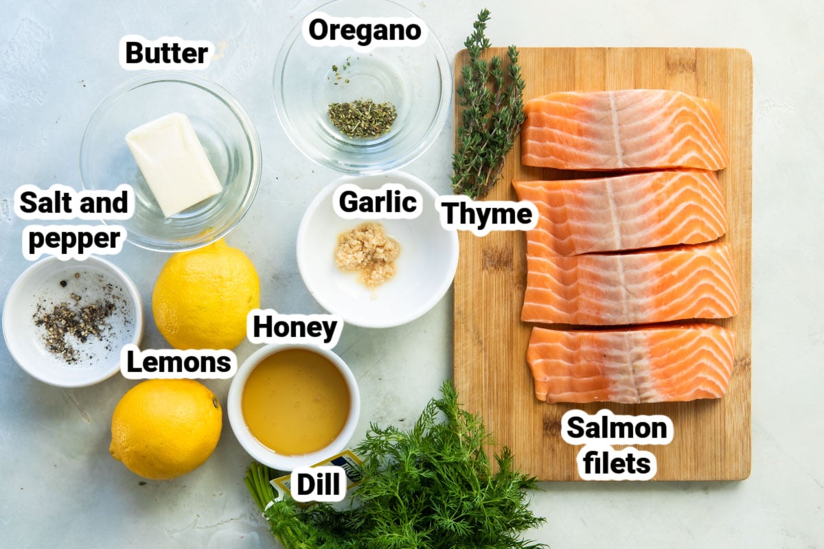 Labeled ingredients for baked salmon filets.