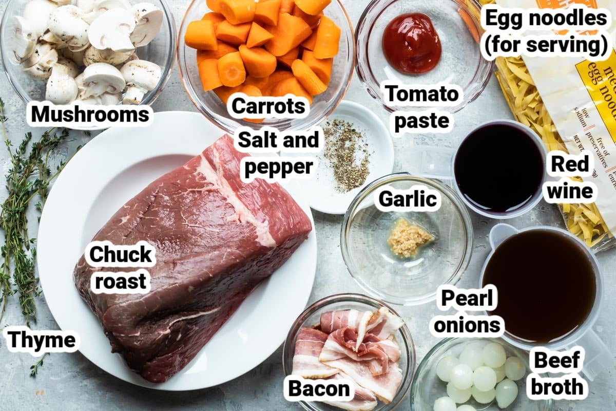 Labeled ingredients for beef bourguignon.