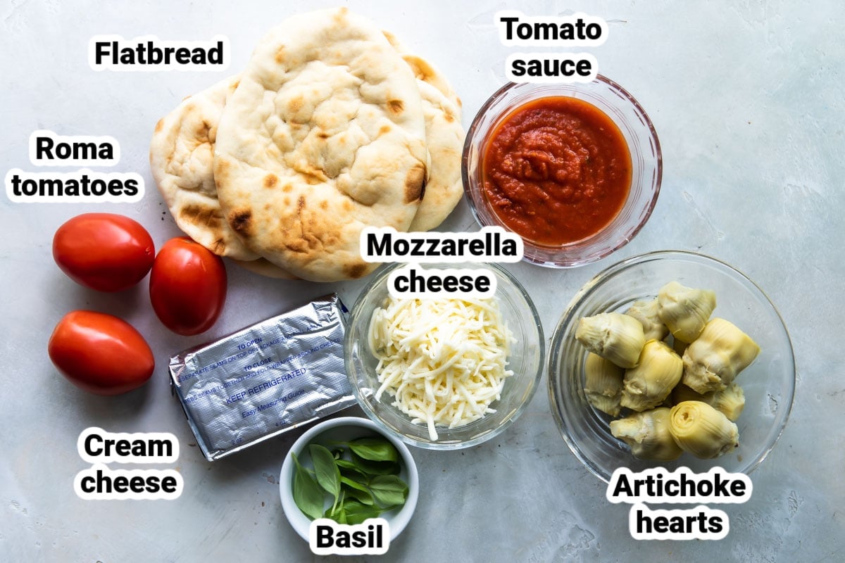 Labeled ingredients for easy flatbread pizza.