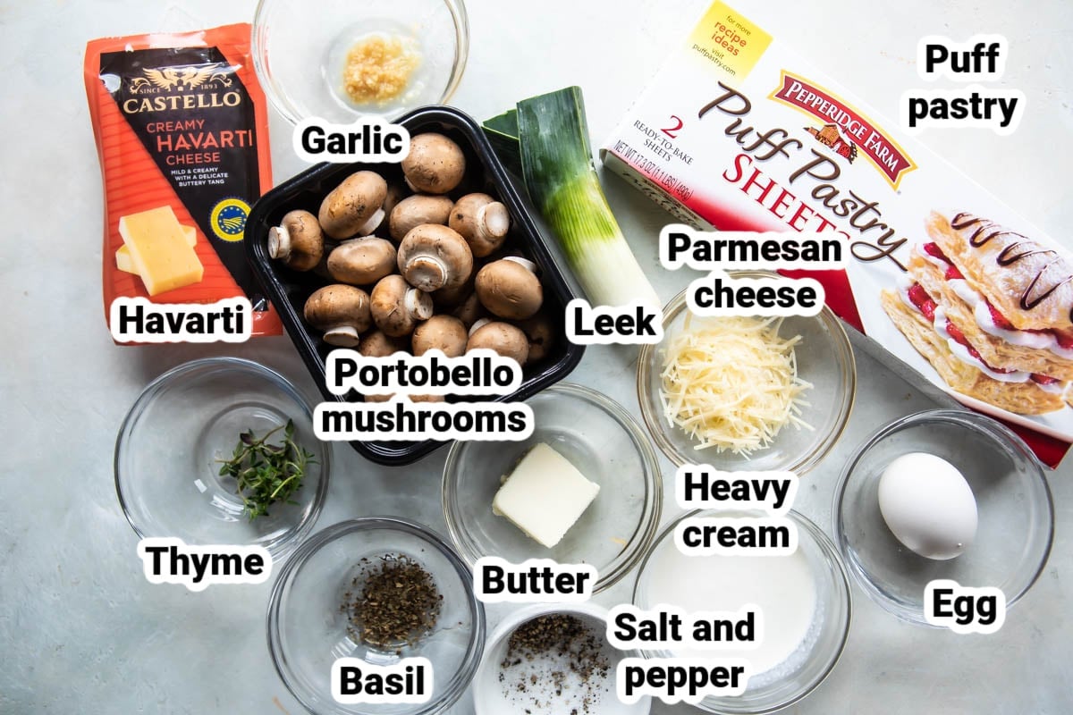 Labeled ingredients for mushroom and leek tart.