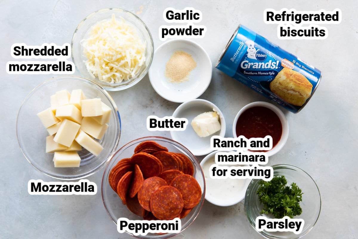 Labeled ingredients for pepperoni pizza bites.
