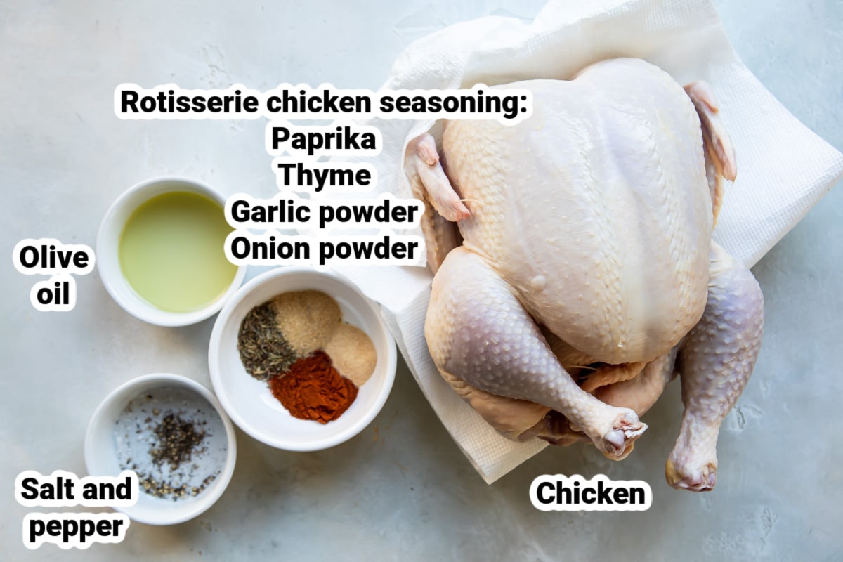 Labeled ingredients for slow cooker rotisserie flavor chicken.