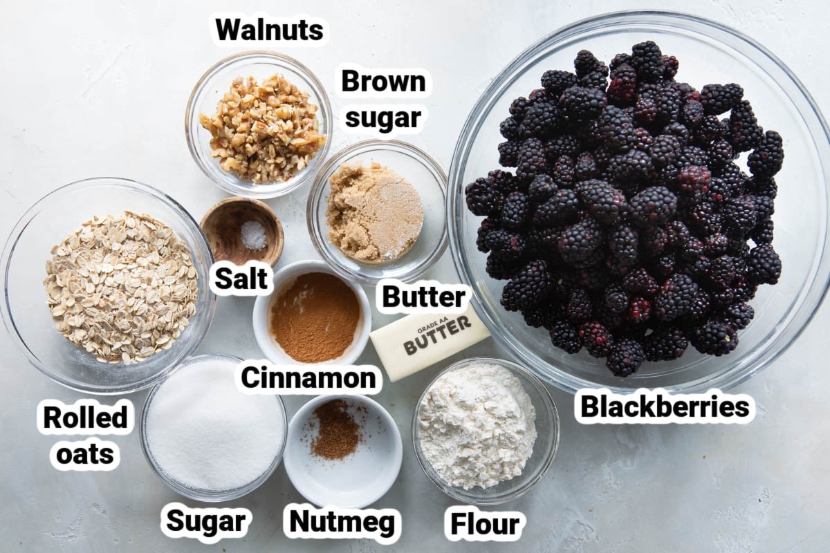 Labeled ingredients for blackberry crisp.