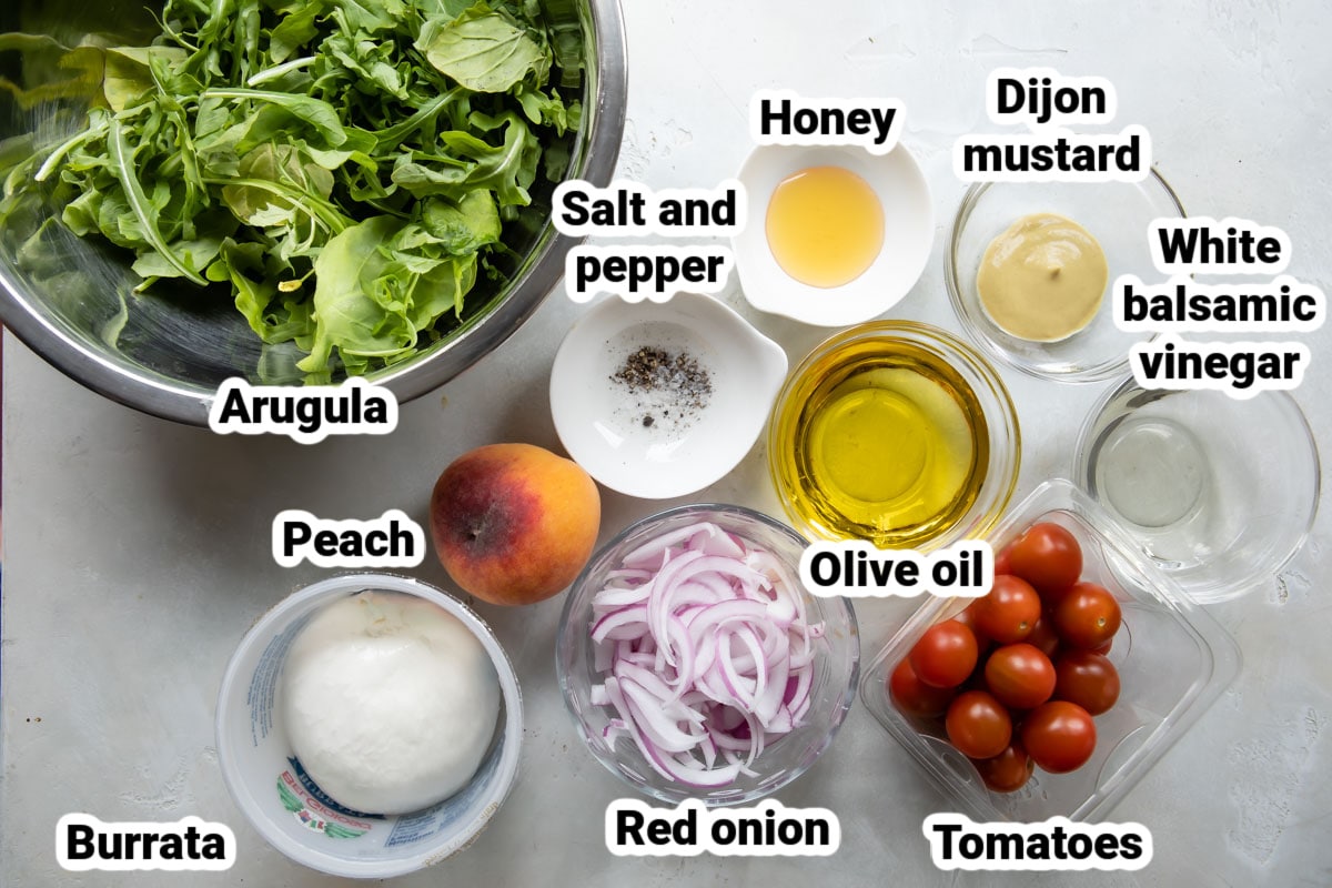 Labeled ingredients for burrata salad.