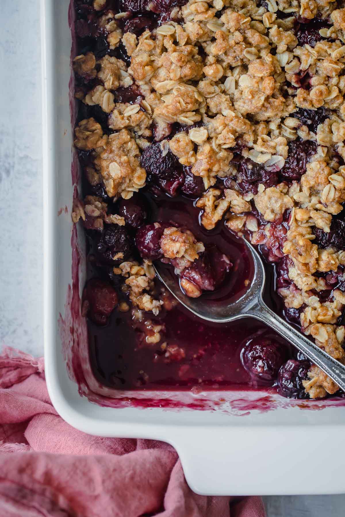 A fully baked Cherry crisp with crunchy topping.