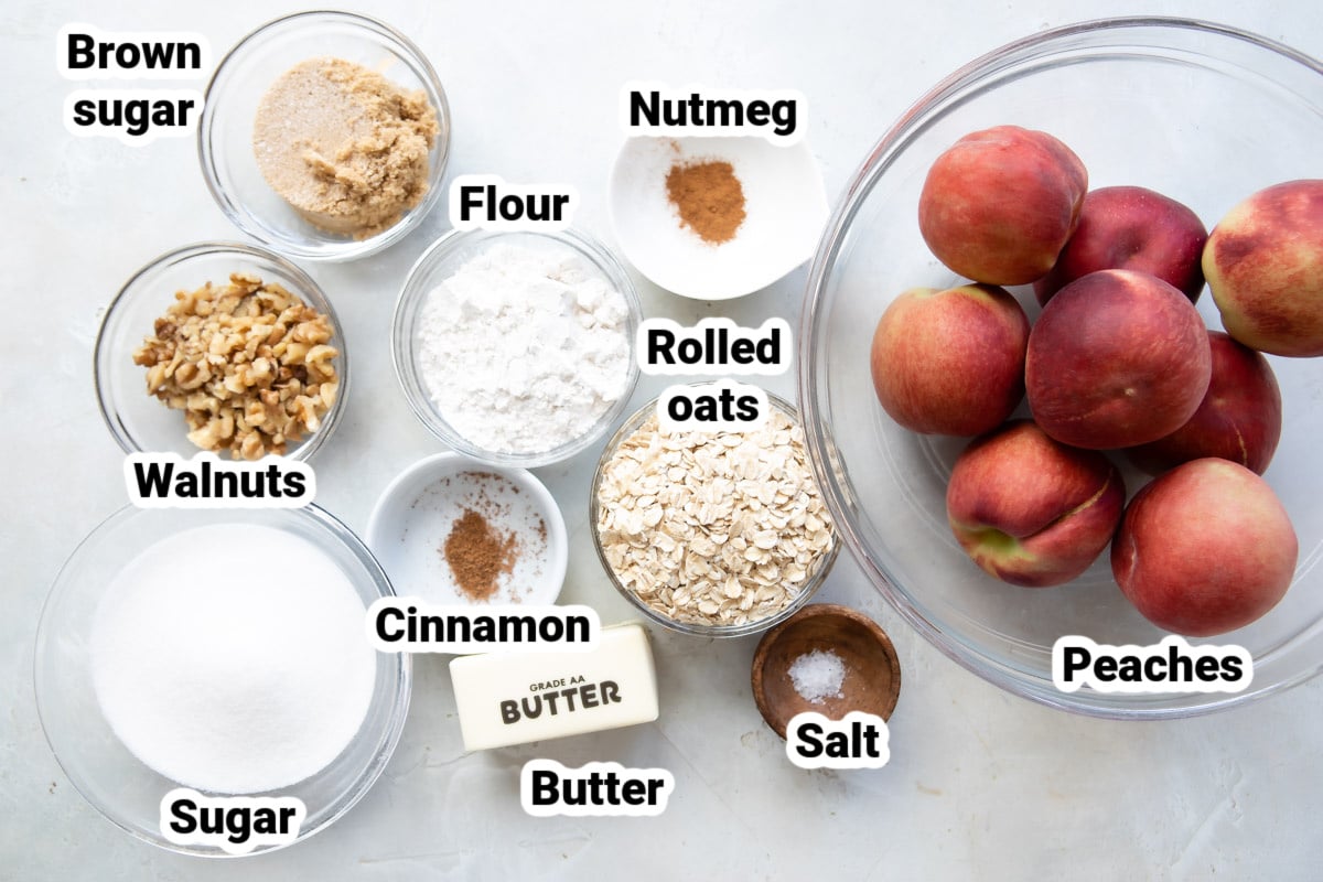 Labeled ingredients for peach crisp.