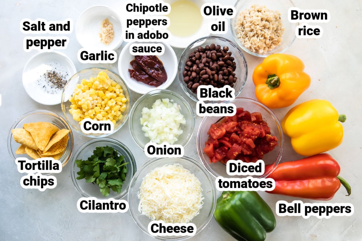 Labeled ingredients for Vegetarian Stuffed Peppers.