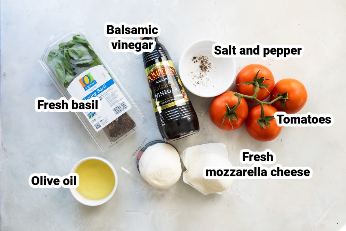 Labeled ingredients for Caprese Salad.