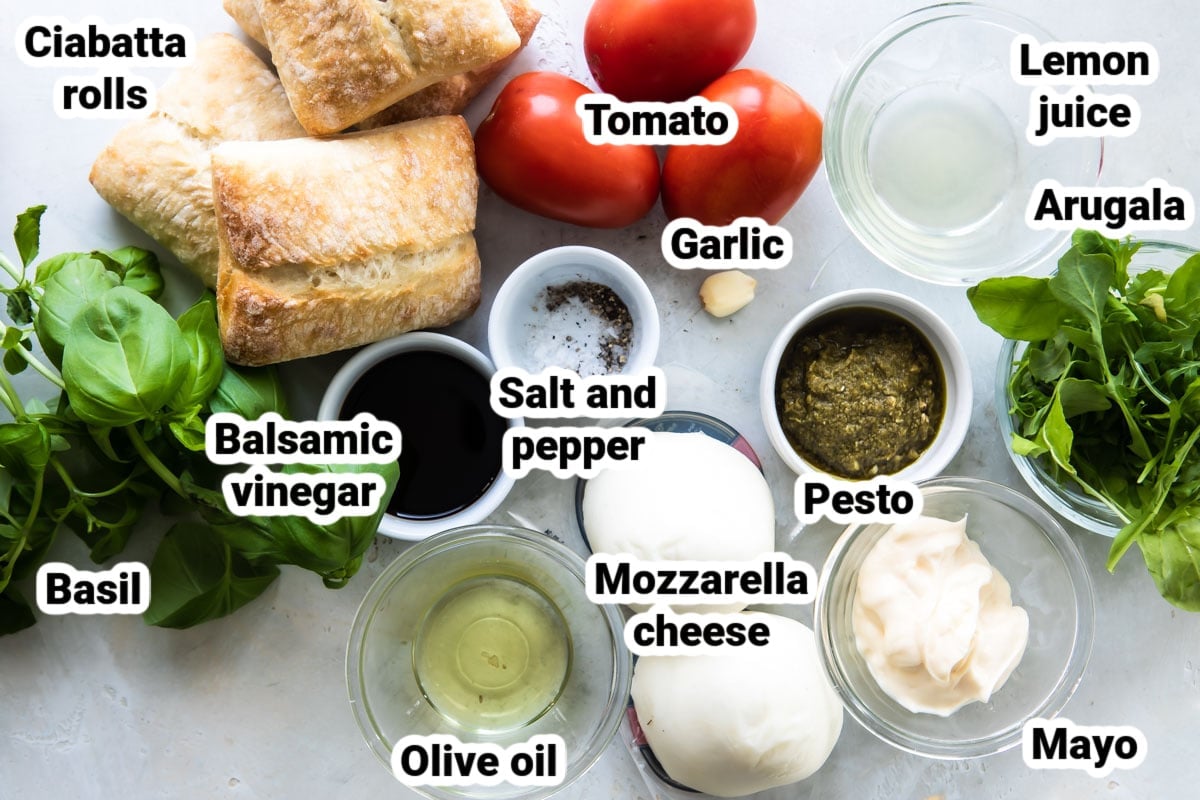 Labeled ingredients for Caprese sandwiches.