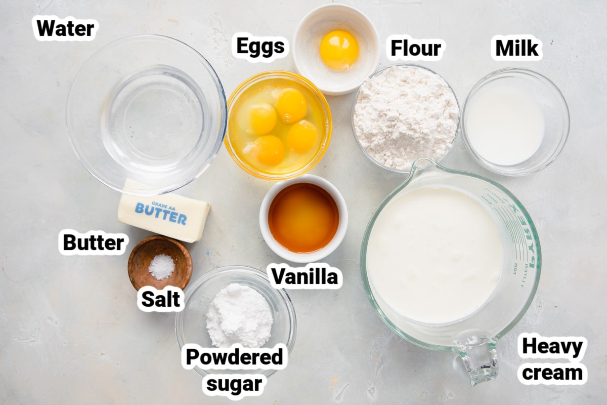 Labeled ingredients for cream puffs.