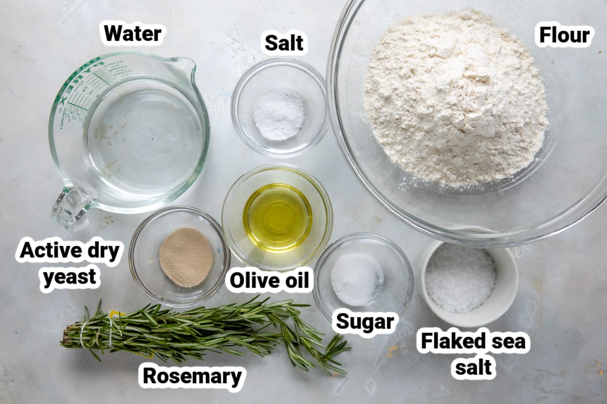 Labeled ingredients for focaccia bread.