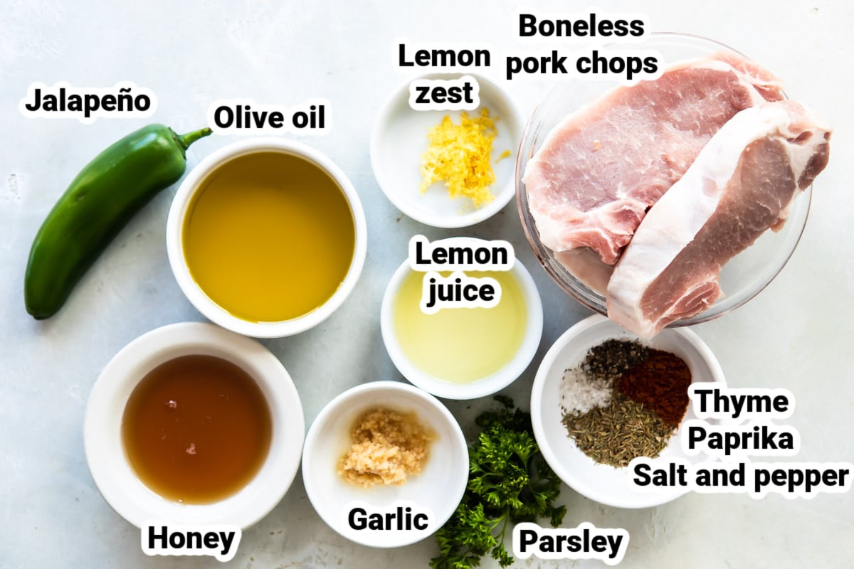 Labeled ingredients for grilled pork chops.
