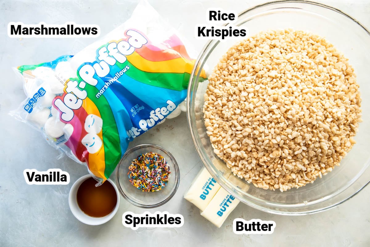 Labeled ingredients for Rice Krispie Treats.