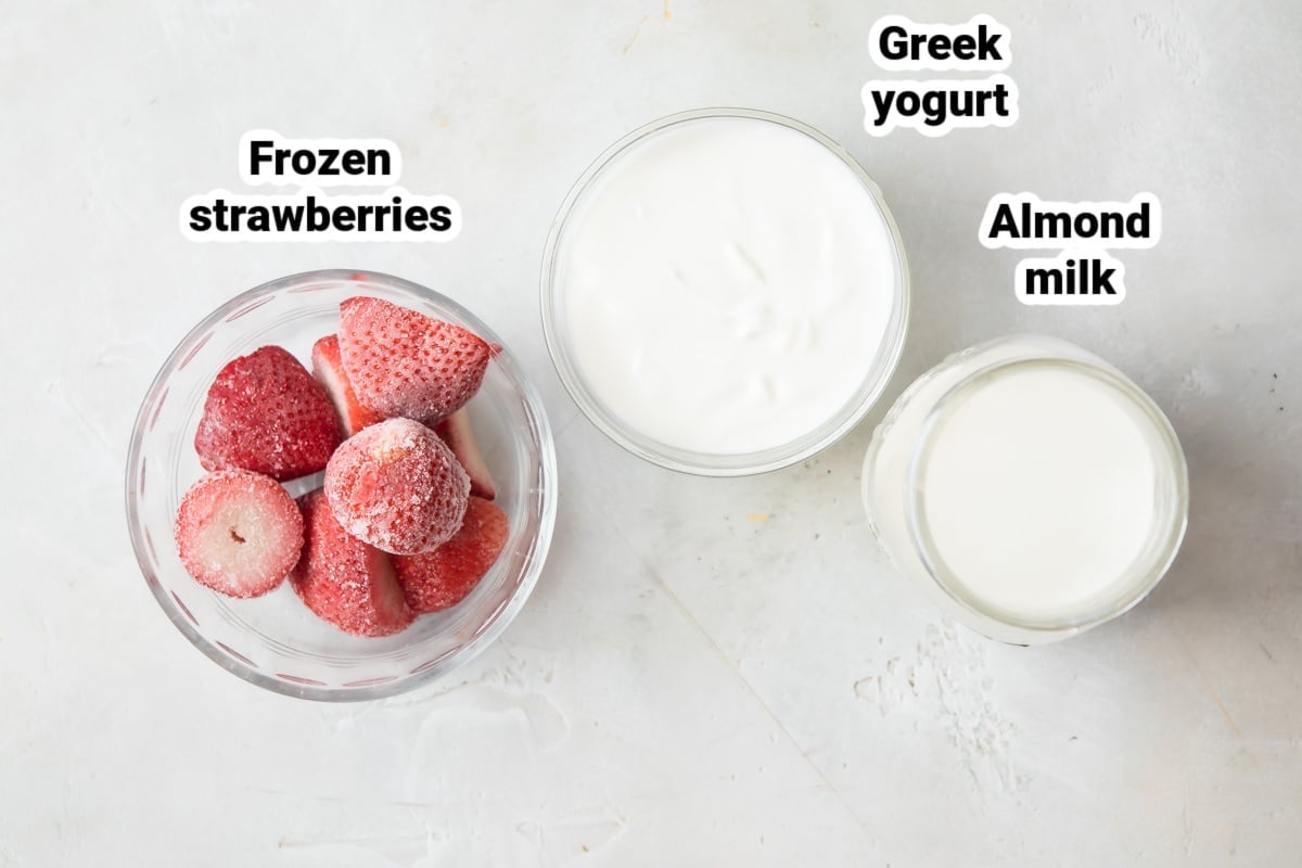 Labeled ingredients for strawberry smoothies.