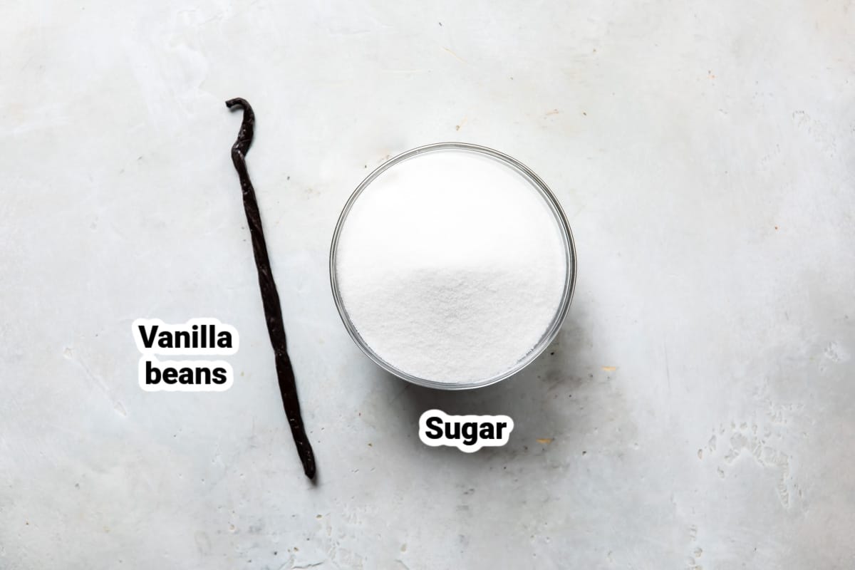 Labeled ingredients for vanilla sugar.