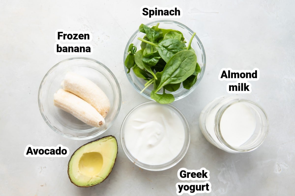 Labeled ingredients for an avocado smoothie.