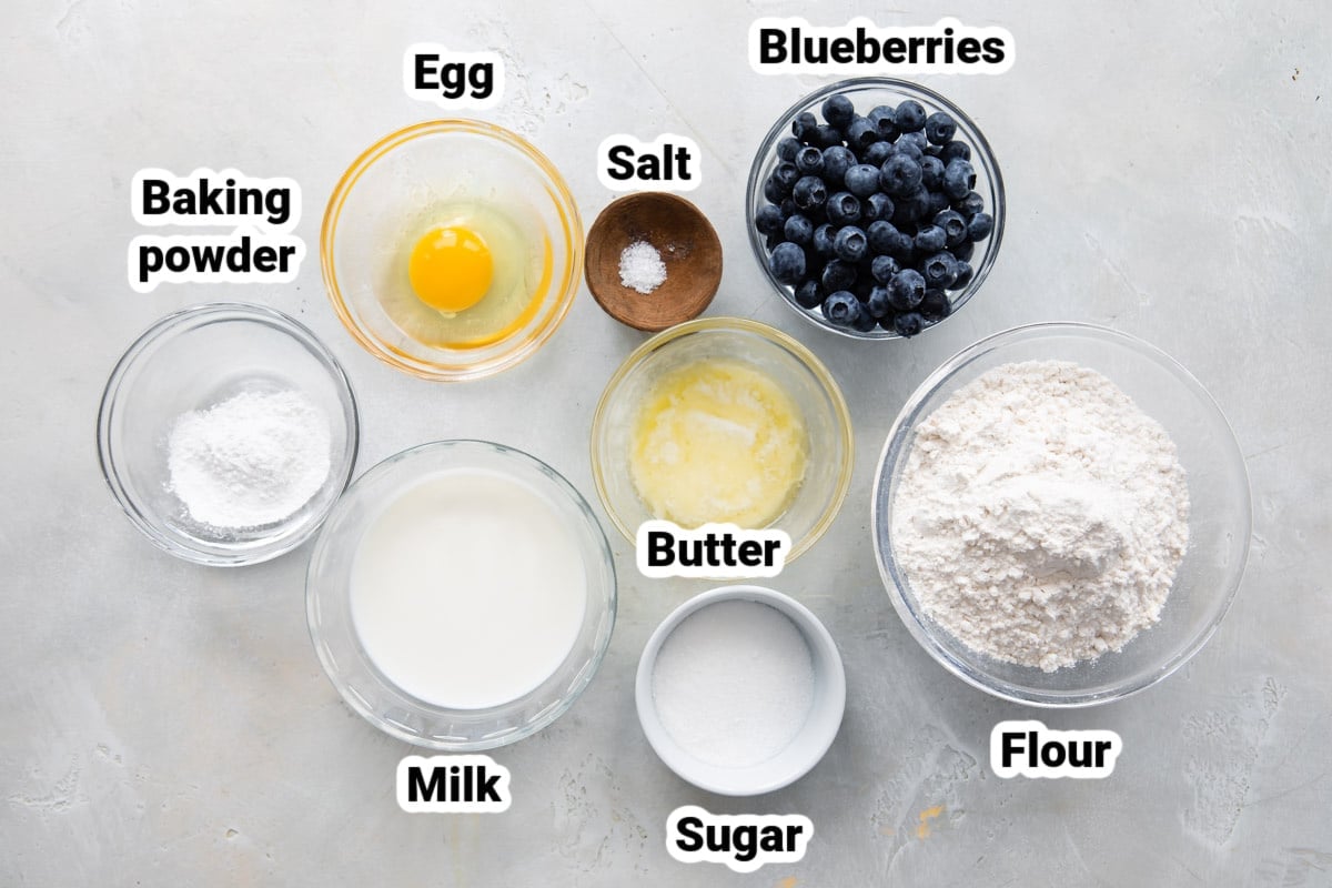 Labeled ingredients for blueberry pancakes.