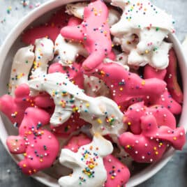 Circus animal cookies in a white bowl.