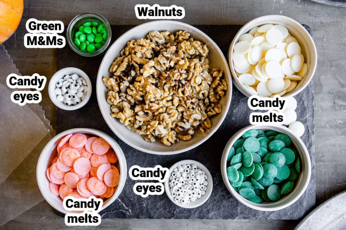 Labeled ingredients for Halloween walnuts.