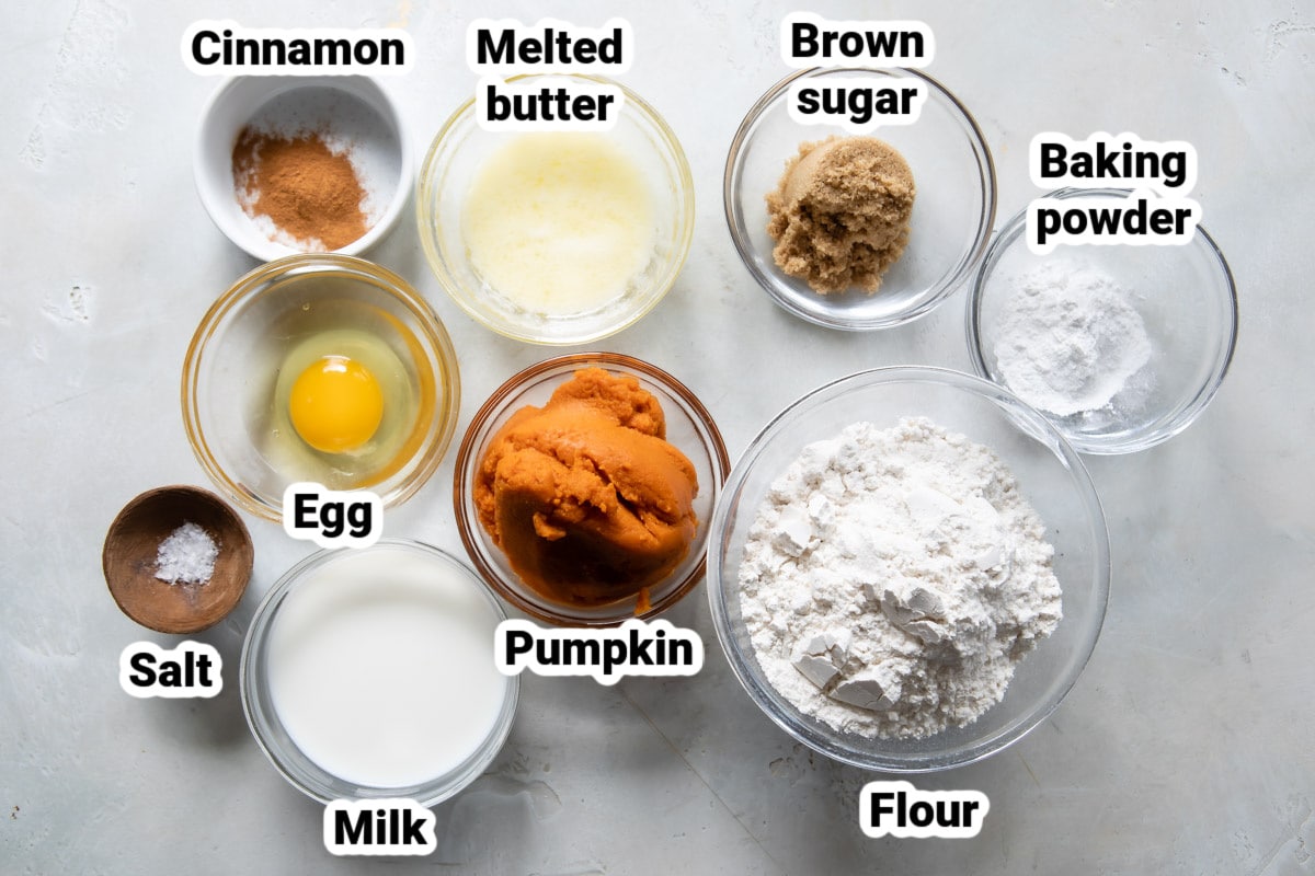 Labeled ingredients for pumpkin pancakes.