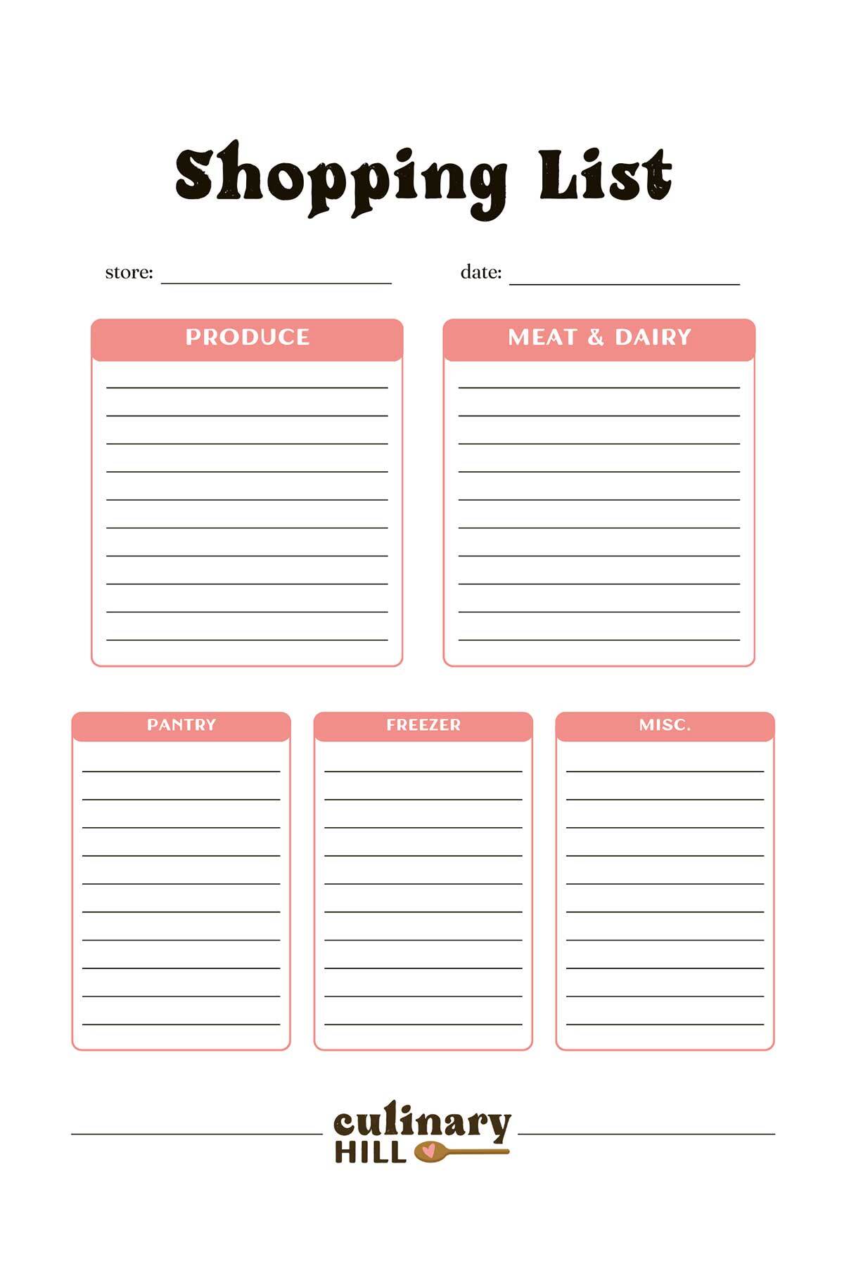 Shopping List Template - Culinary Hill