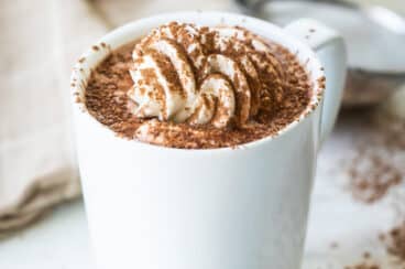 Hot chocolate topped with whipped cream.