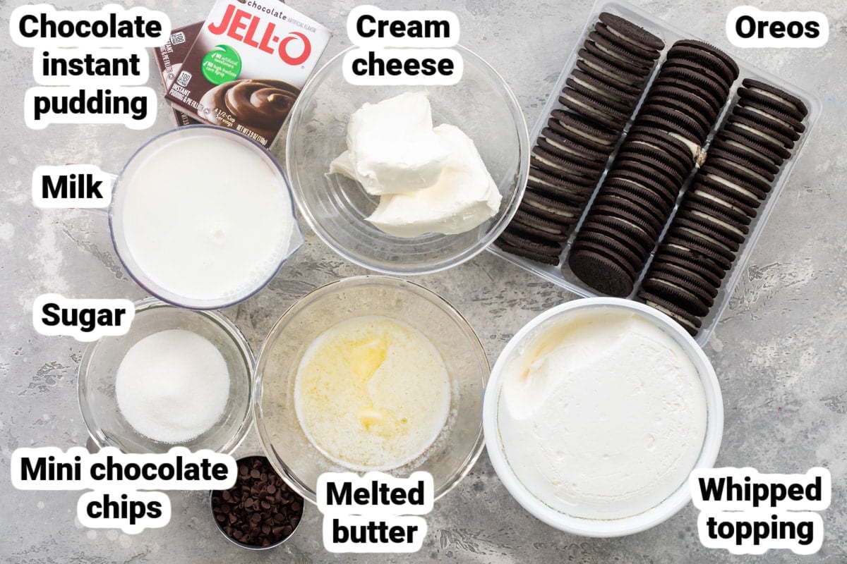 Labeled chocolate lasagna ingredients on a counter in various bowls.