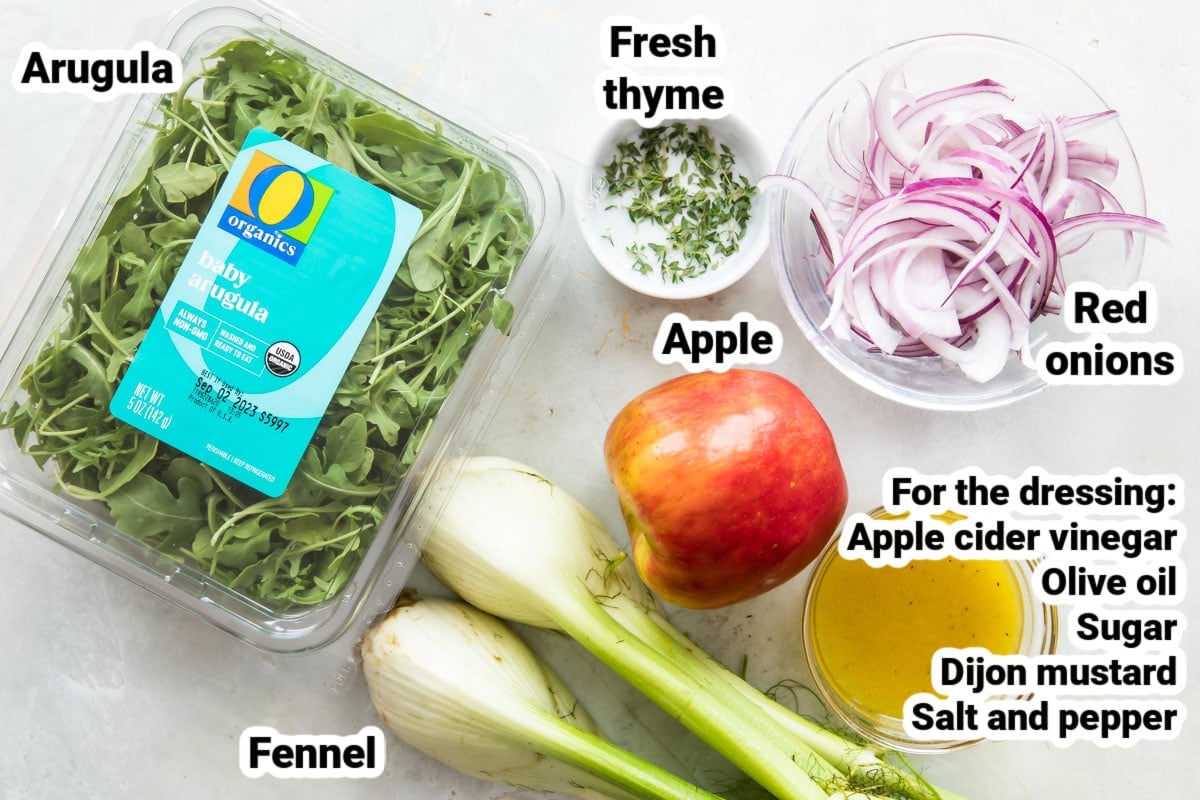 Labeled ingredients for fennel apple salad.