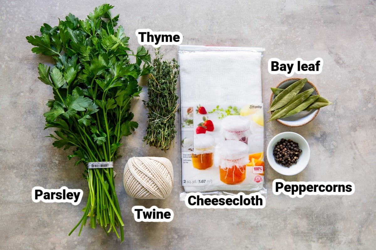 Labeled ingredients for making a bouquet garni.