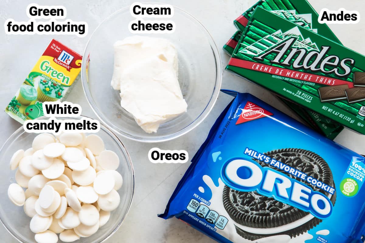 Labeled ingredients for Oreo Mint Truffles.