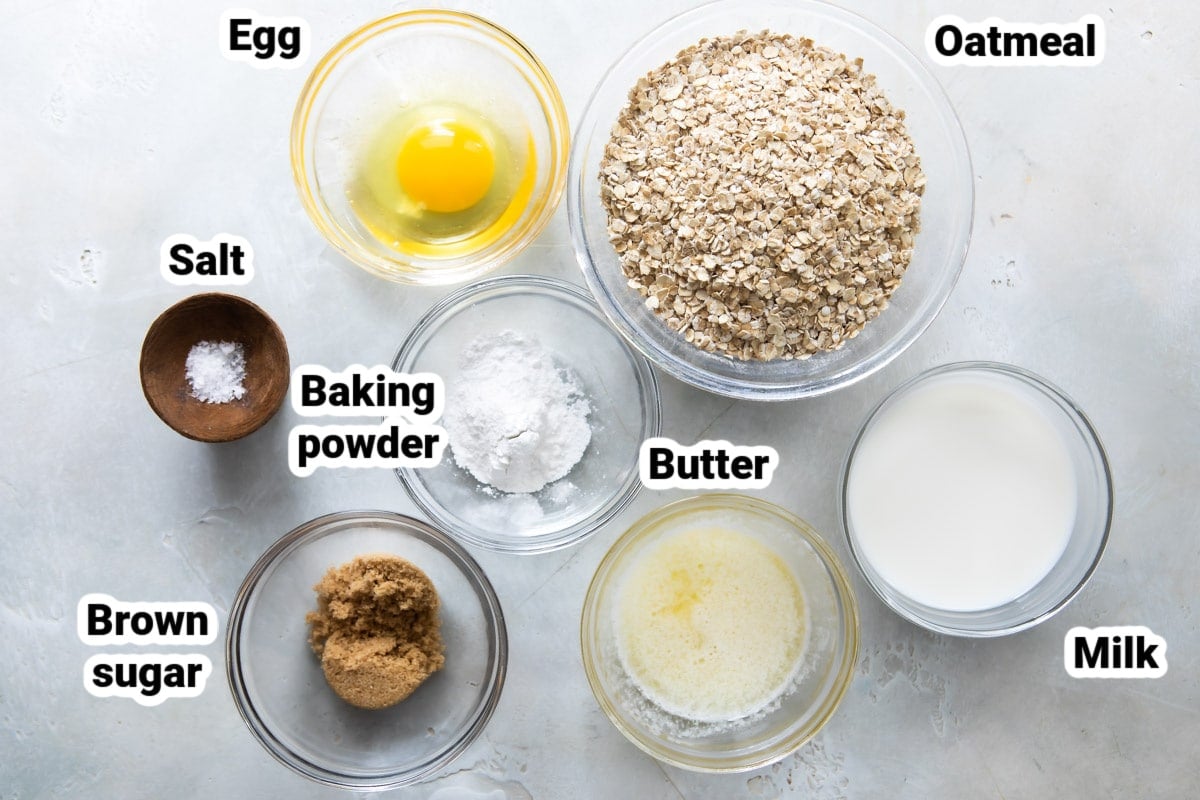 Labeled ingredients for oatmeal pancakes.