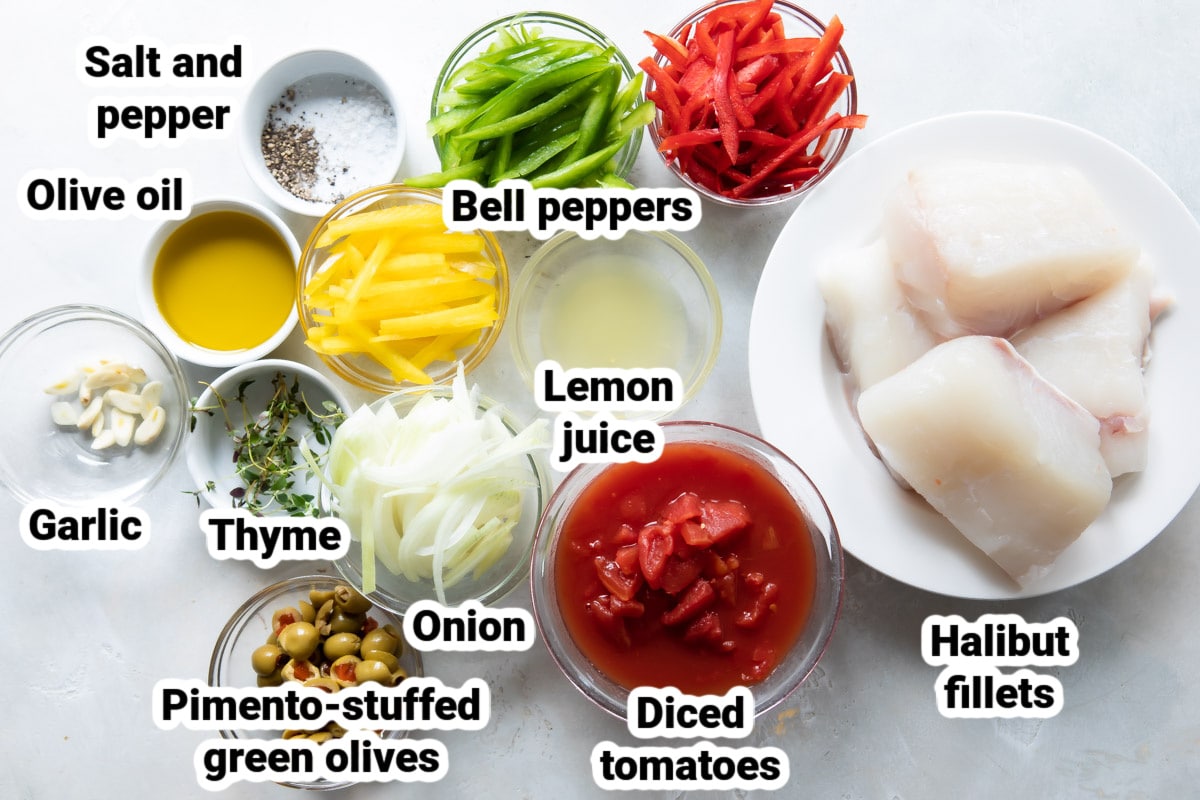 Labeled ingredients for pan-seared halibut with peppers and olives.