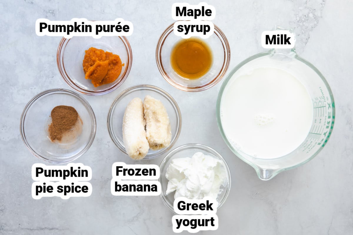 Labeled ingredients for a pumpkin smoothie.