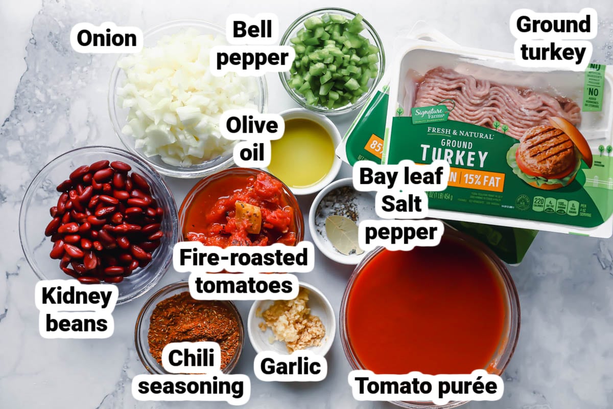Labeled ingredients for turkey chili.
